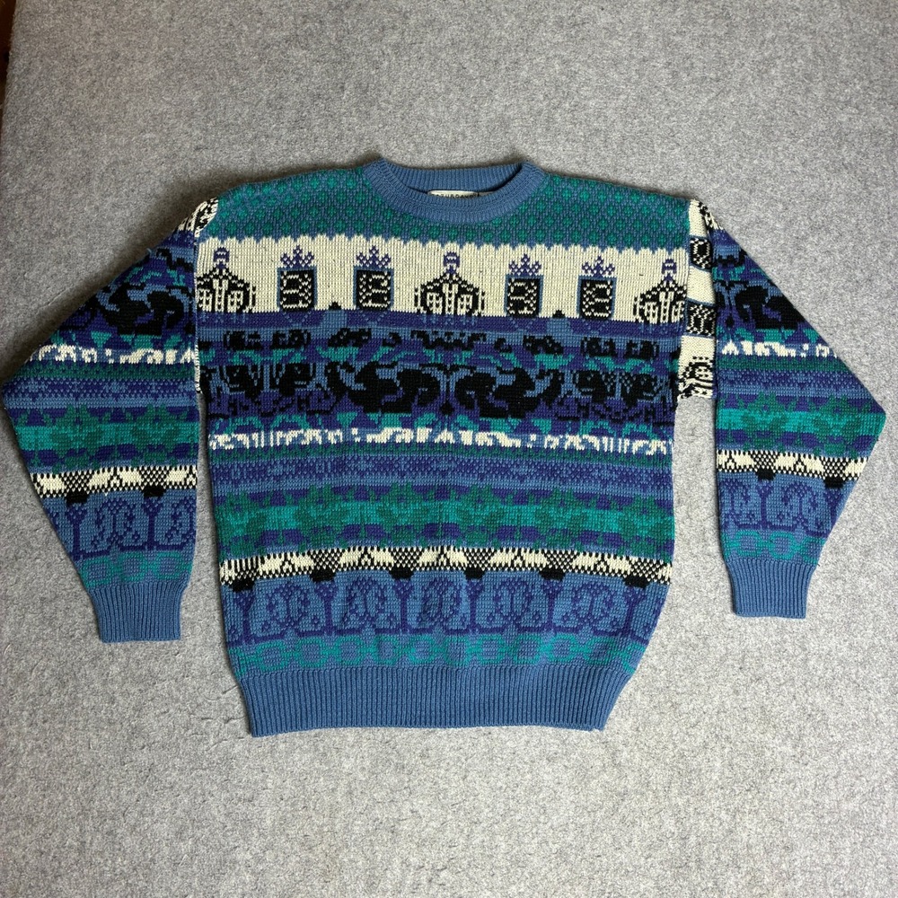 Saturdays Sweater Mens Large Blue Teal Vintage 90s Geometric Knit Excellent
